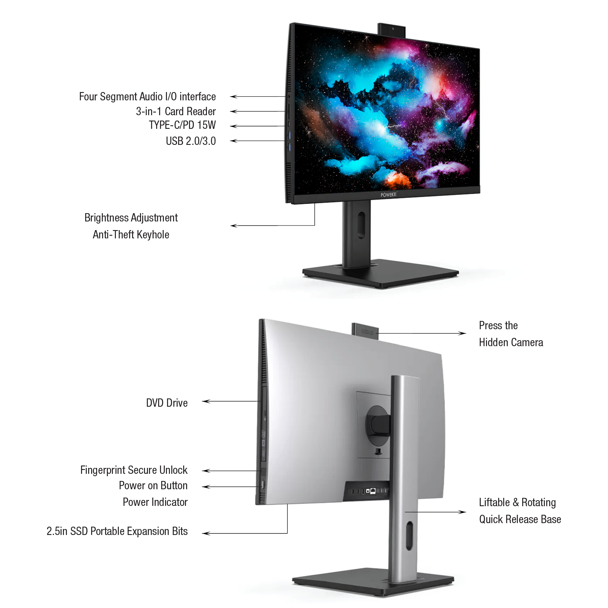 POWERX PXAIOI5I12 – 23.8” All-in-One PC | i5 12th Gen | 16GB RAM | 512GB SSD | FHD IPS Display | Windows 11 Pro | Dual Speakers | Webcam | Wi-Fi + Bluetooth