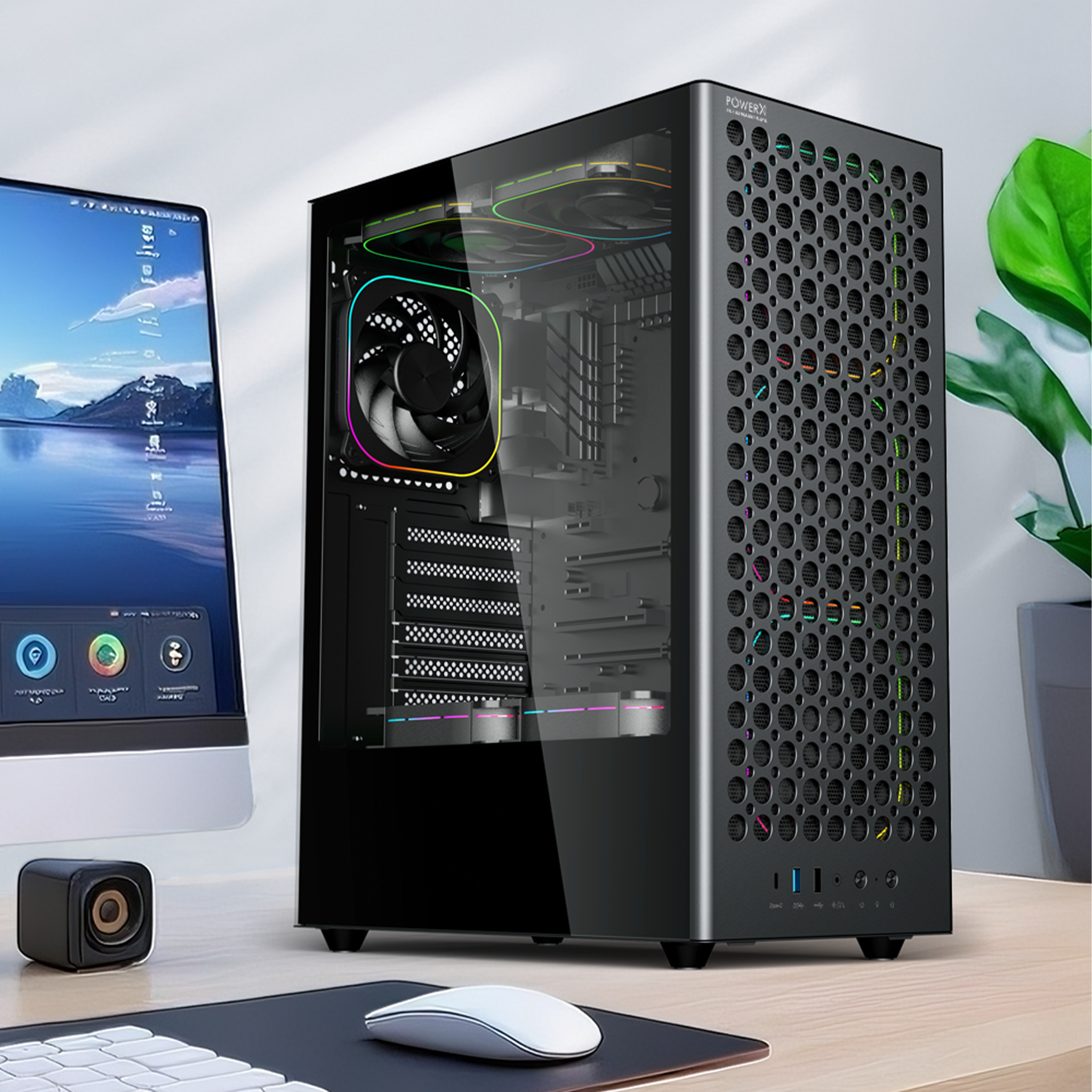 POWERX U810 Ultra Cabinet – RGB Mid Tower PC Case with Tempered Glass, Cable Management, ATX Support, 240mm Liquid Cooler, Type-C, USB 3.0, 325mm GPU Clearance