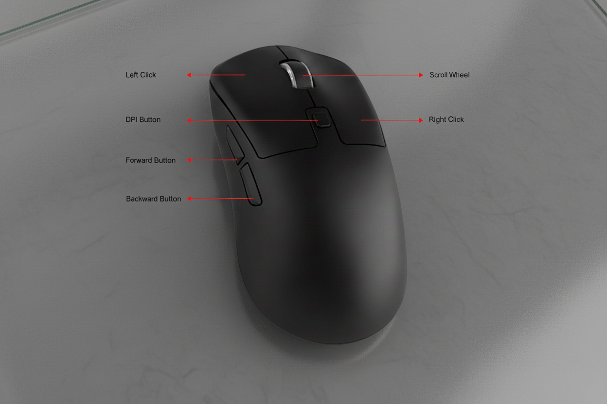 Black computer mouse with labeled buttons on a white background