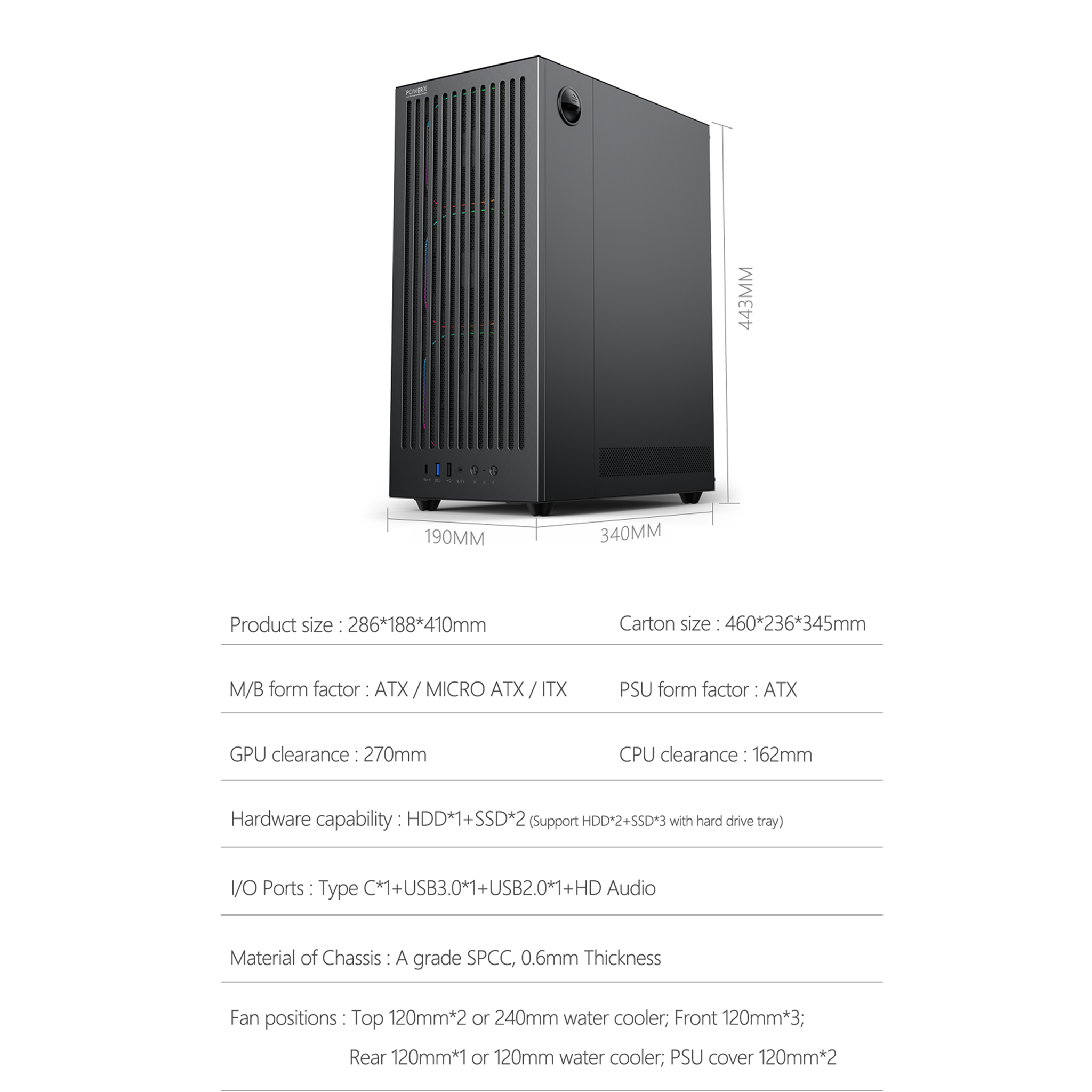 POWERX U910 Ultra Cabinet – RGB Mid Tower PC Case with Tempered Glass, ATX Support, 240mm Liquid Cooler, Type-C, Advanced Cable Management